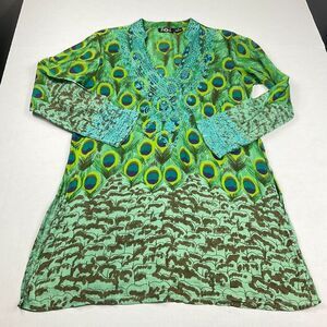 Sol Womens Tunic Top M Green Blue Boho Crochet Trim Peacock Print Ethnic Shirt